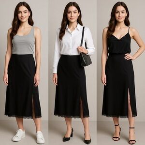 Wild Fable Women’s Black Midi Slip Skirt Size L Side Slit Lace Trim NWT Chic